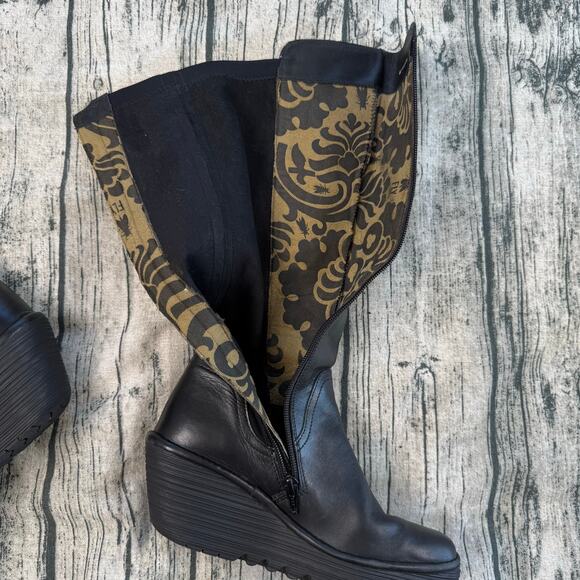 Fly London Black Leather Knee High Wedge Boots EU38/ US7-7.5 - Picture 8 of 12